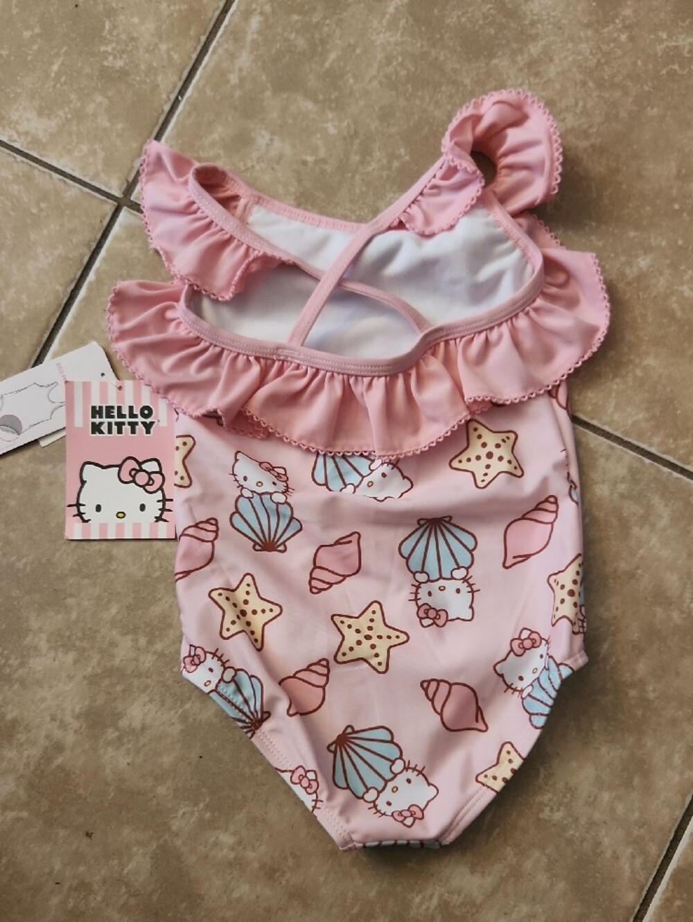 Hello Kitty Pink Shell-Print Ruffle Swimsuit - Picture 2 of 3